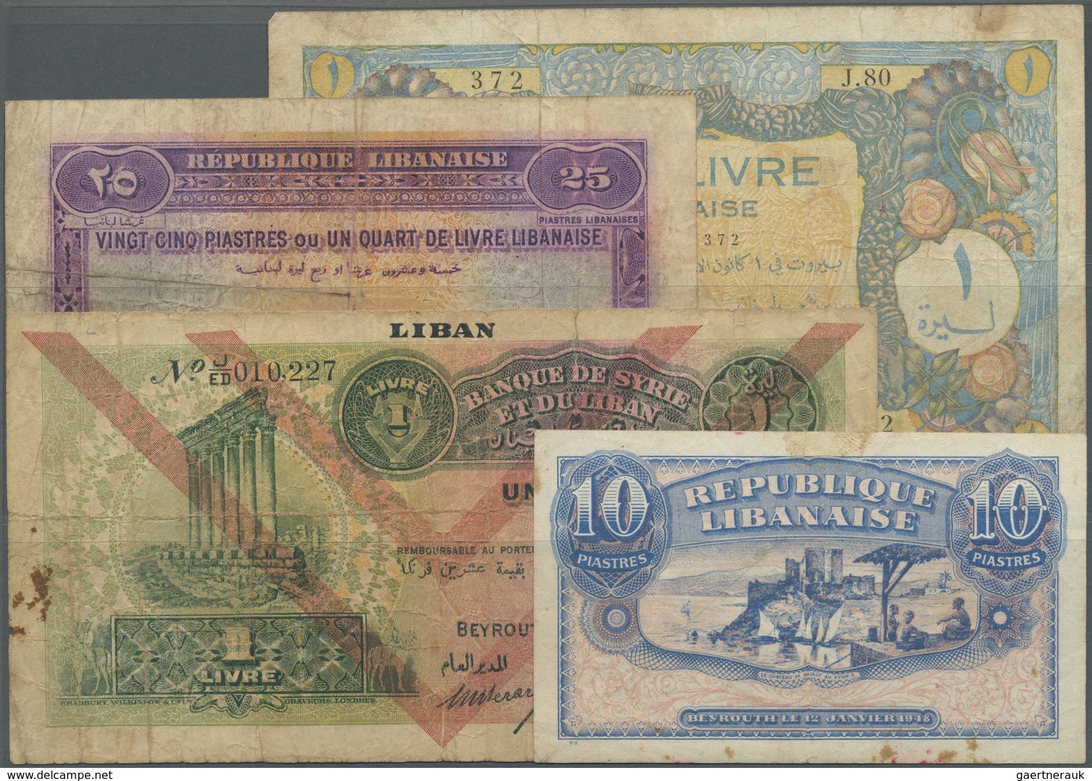 Lebanon / Libanon: Set Of 4 Notes Containing 10 Piastres 1948, 25 Piastres 1942, 1 Livre 1939 And 1 - Lebanon