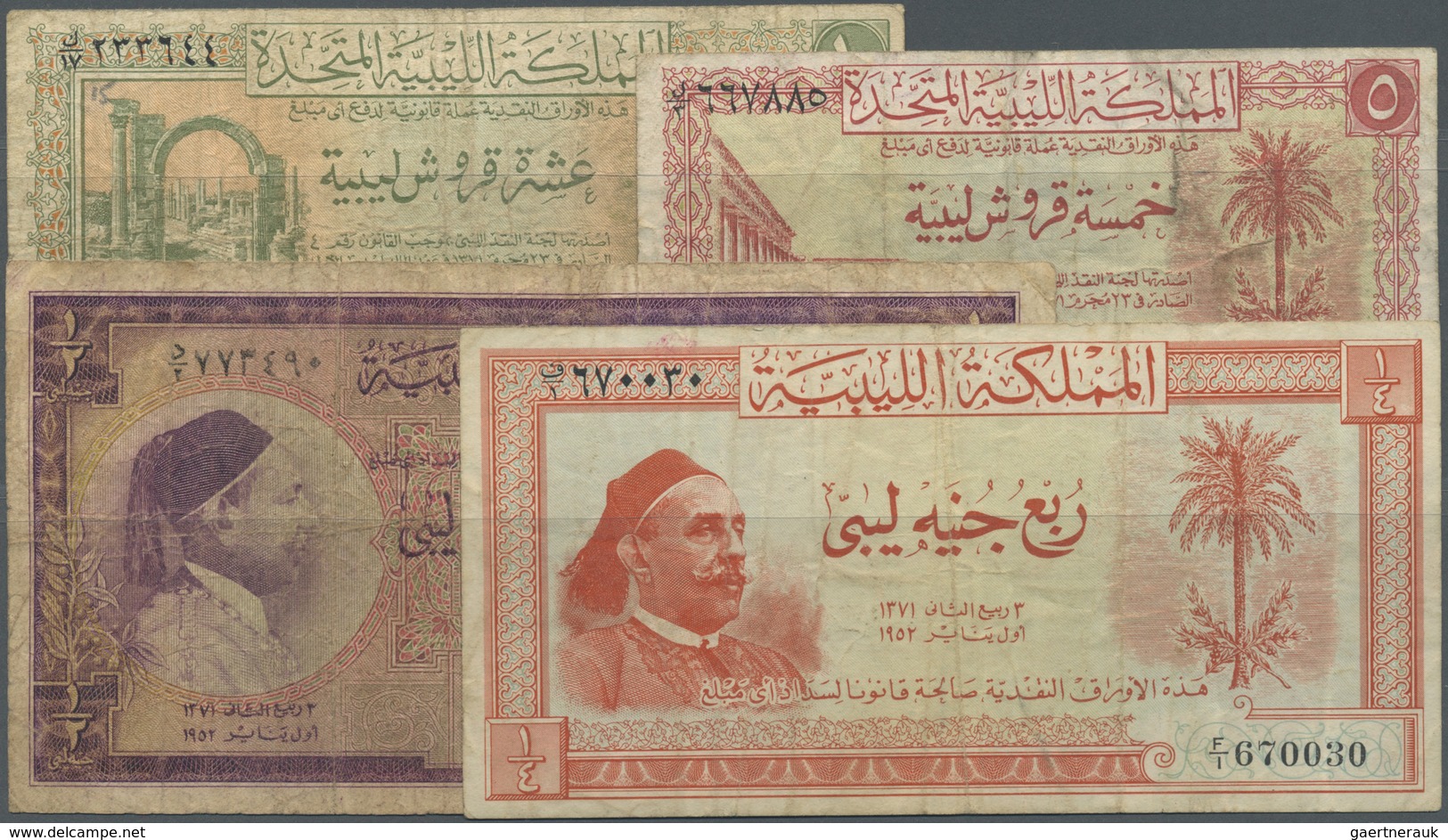 Libya / Libyen: Set Of 4 Used Notes Containing 5 And 10 Piastres As Well As 1/4 And 1/2 Pound ND P. - Libya