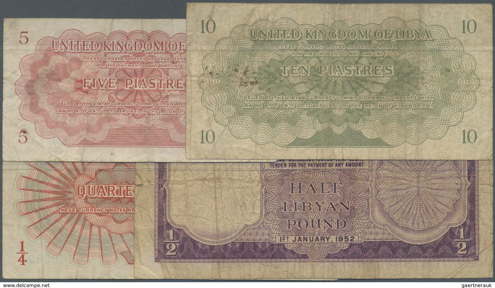 Libya / Libyen: Set Of 4 Used Notes Containing 5 And 10 Piastres As Well As 1/4 And 1/2 Pound ND P. - Libya