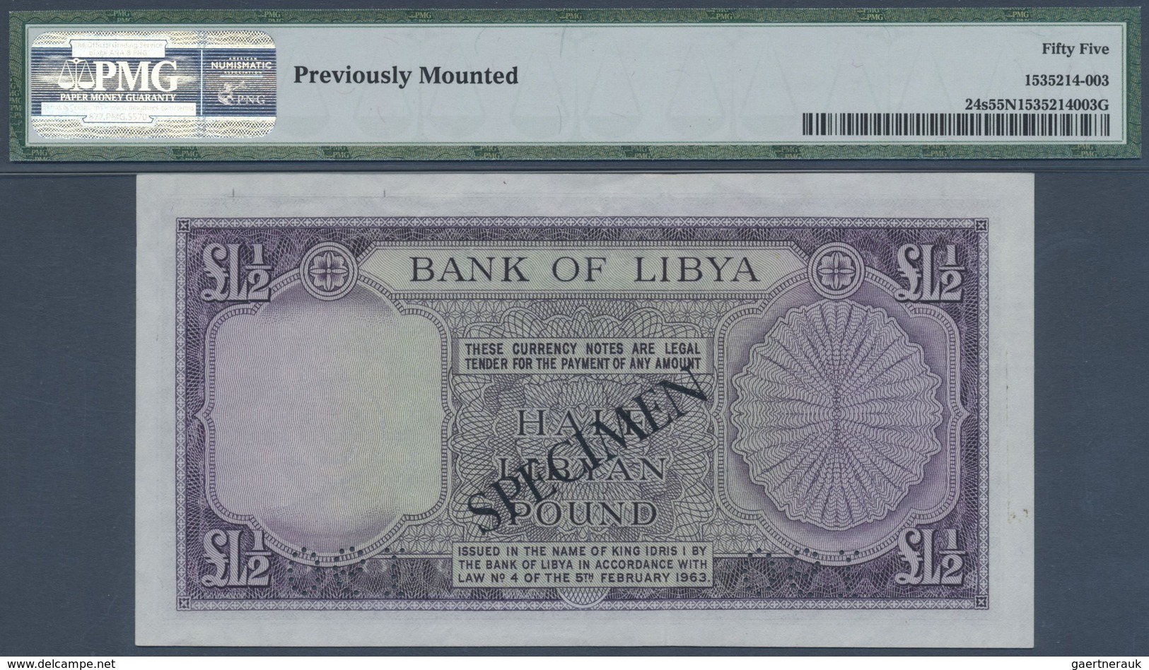 Libya / Libyen: 1/2 Pound AH1382 (1963) SPECIMEN, P.24s, Excellent Condition With Soft Vertical Fold - Libya