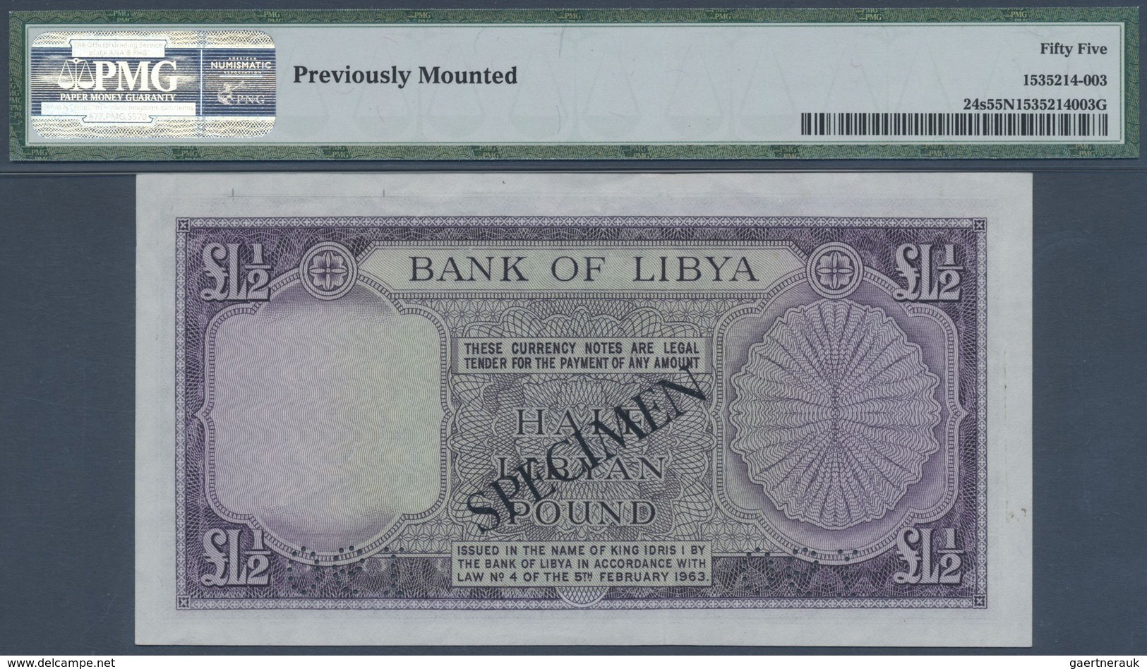 Libya / Libyen: 1/2 Pound AH1382 (1963) SPECIMEN, P.24s, Excellent Condition With Soft Vertical Fold - Libia