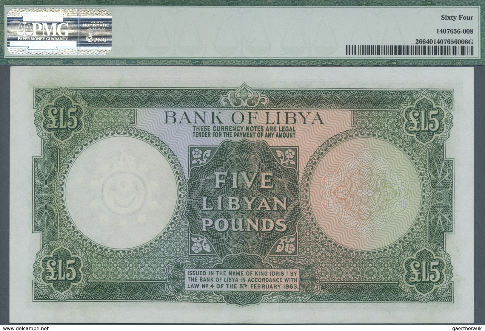 Libya / Libyen: 5 Pounds 1963, P.26 In Almost Perfect Condition With A Few Minor Spots, PMG Graded 6 - Libya