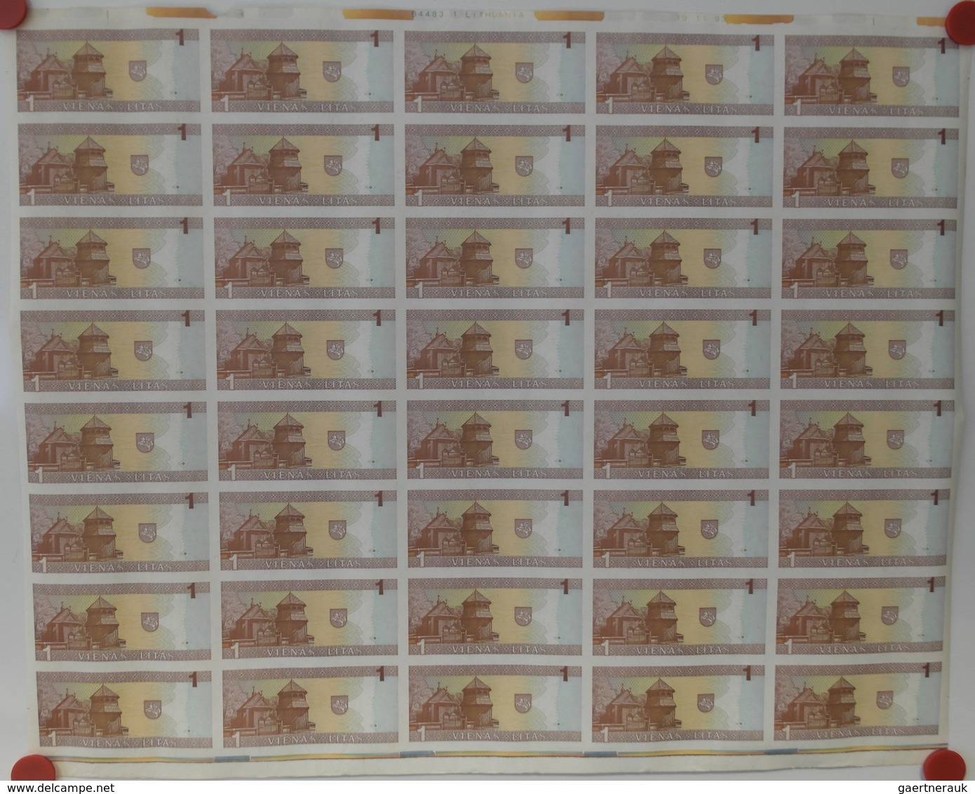 Lithuania / Litauen: Uncut Sheet Of 40 Pcs 1 Litu 1994 P. 53 In Condition: UNC. (40 Pcs Uncut) - Lithuania