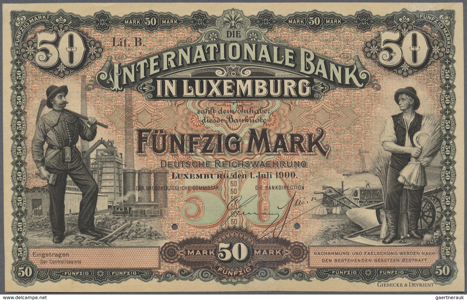 Luxembourg: 50 Mark 1900 Proof P. 5(p), Rare Note, Uniface Print, 2 Cancellation Holes, Beautiful Ad - Luxembourg