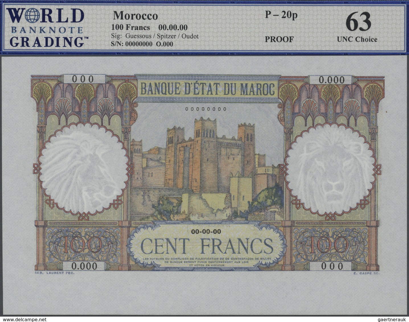 Morocco / Marokko: Very Rare Specimen / Proof Print Of 100 Francs P. 20s/p With Zero Serial Numbers, - Morocco