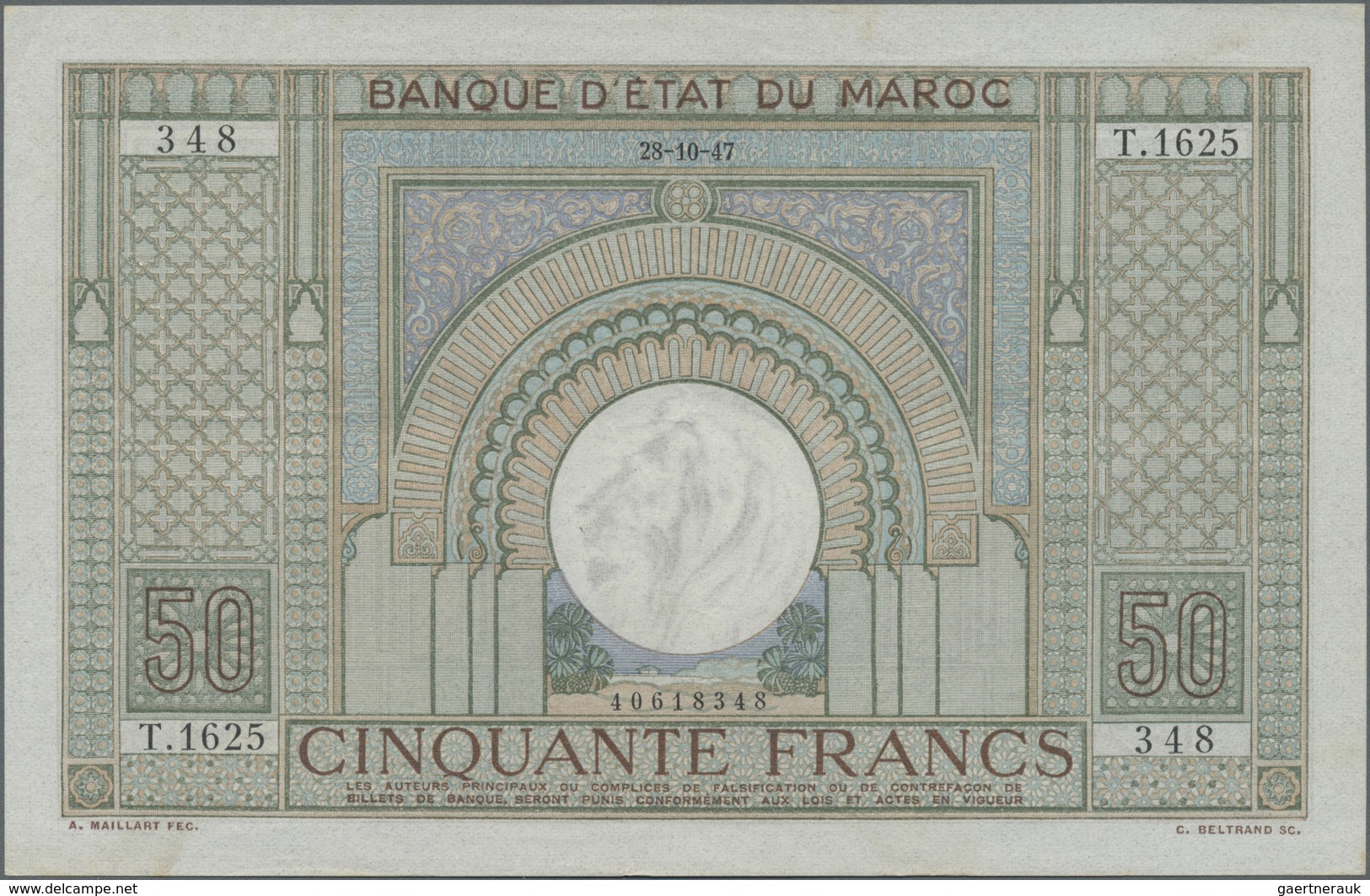 Morocco / Marokko: 50 Francs 1947 P. 21, Light Folds And Handling In Paper, Not Washed Or Pressed, N - Morocco