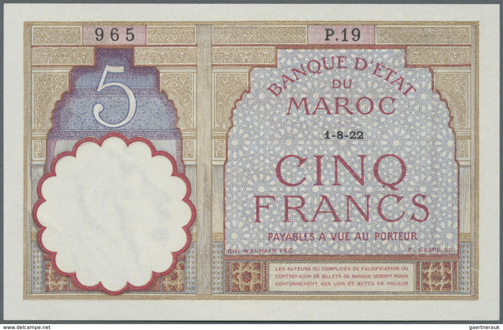 Morocco / Marokko: 5 Francs 1922 P. 23Aa, Light Bend At Upper Left, Condition: XF+ To AUNC. - Morocco