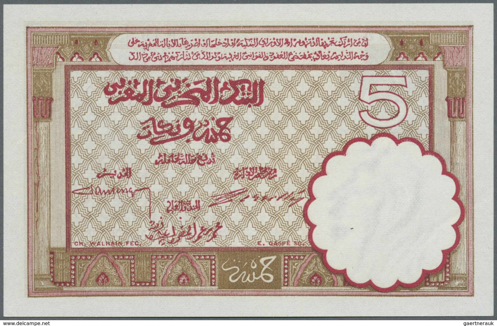 Morocco / Marokko: 5 Francs 1922 P. 23Aa, Light Bend At Upper Left, Condition: XF+ To AUNC. - Morocco