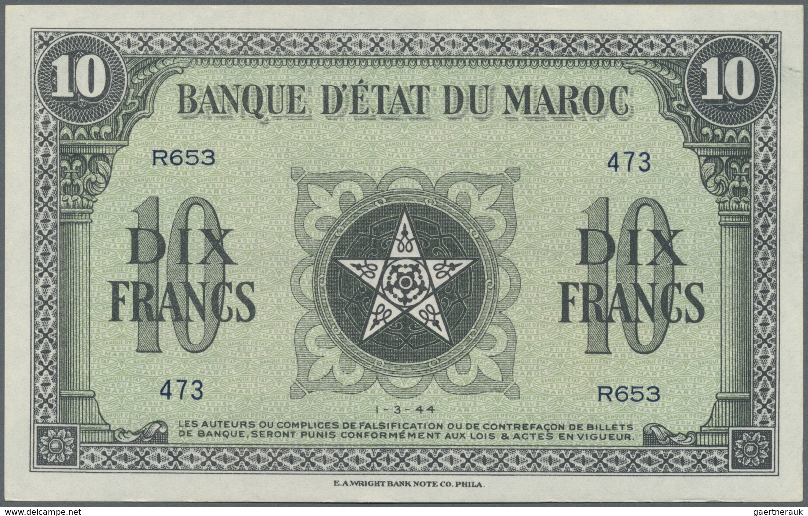 Morocco / Marokko: Set Of 2 CONSECUTIVE Notes 10 Francs 1944 P. 25 In Condition: UNC. (2 Pcs) - Morocco