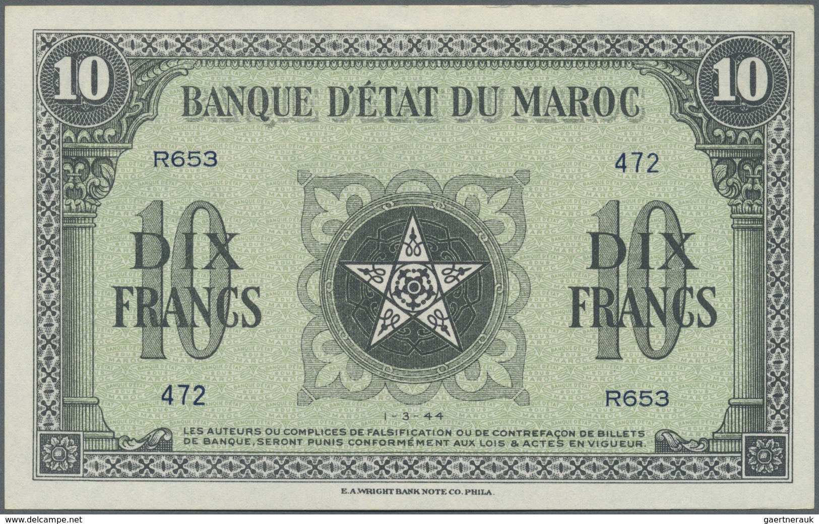 Morocco / Marokko: Set Of 2 CONSECUTIVE Notes 10 Francs 1944 P. 25 In Condition: UNC. (2 Pcs) - Morocco