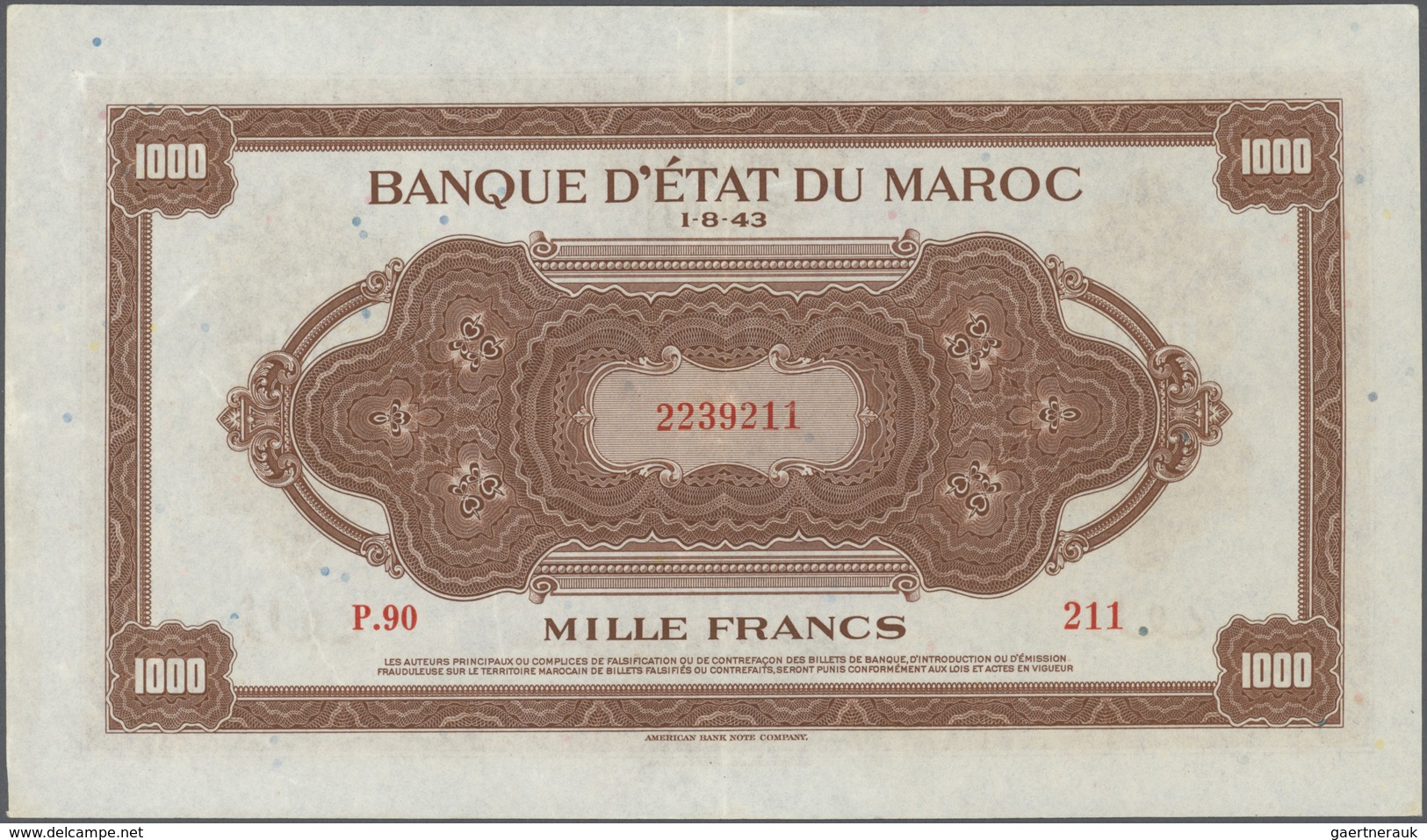 Morocco / Marokko: 1000 Francs 1943 P. 28, Light Center Fold, Probably Dry Pressed, No Holes Or Tear - Morocco