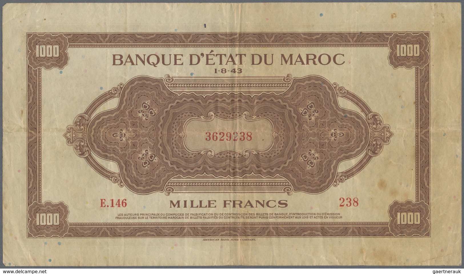 Morocco / Marokko: Set Of 2 Notes 1000 Francs 1943 P. 28, Both In Similar Condition With Folds And C - Morocco