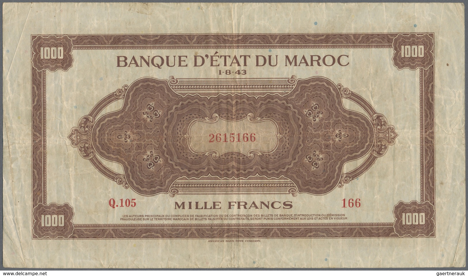 Morocco / Marokko: Set Of 2 Notes 1000 Francs 1943 P. 28, Both In Similar Condition With Folds And C - Morocco