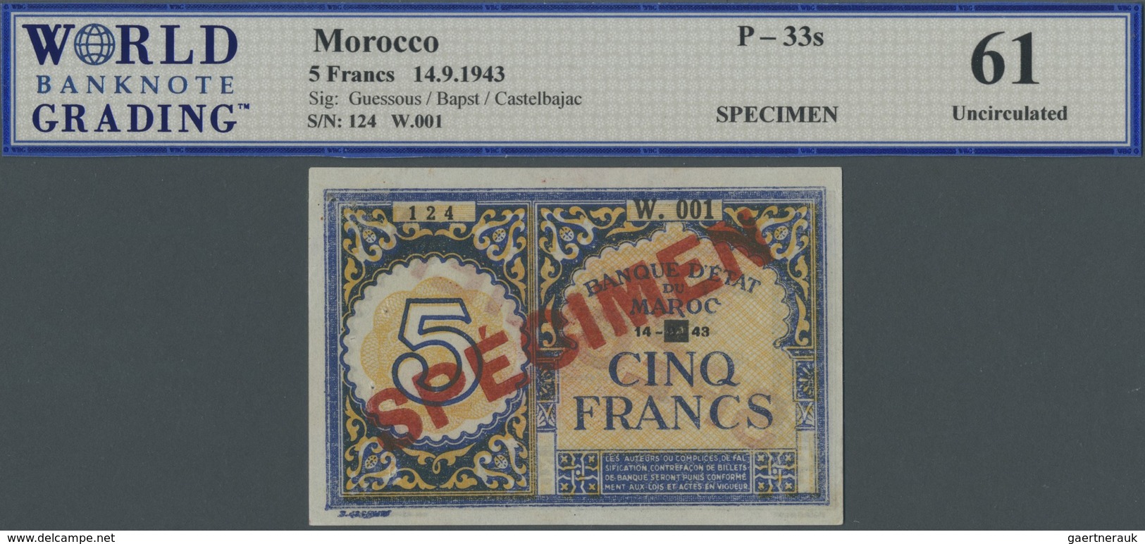 Morocco / Marokko: 5 Francs 1943 Specimen P. 33s, Some Pinholes At Left, WBG Graded 61 UNC. - Morocco
