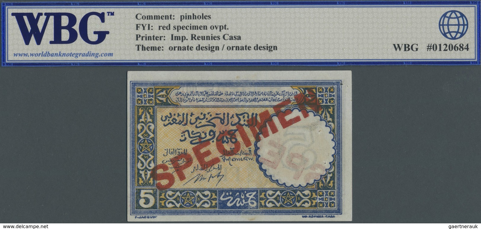 Morocco / Marokko: 5 Francs 1943 Specimen P. 33s, Some Pinholes At Left, WBG Graded 61 UNC. - Morocco