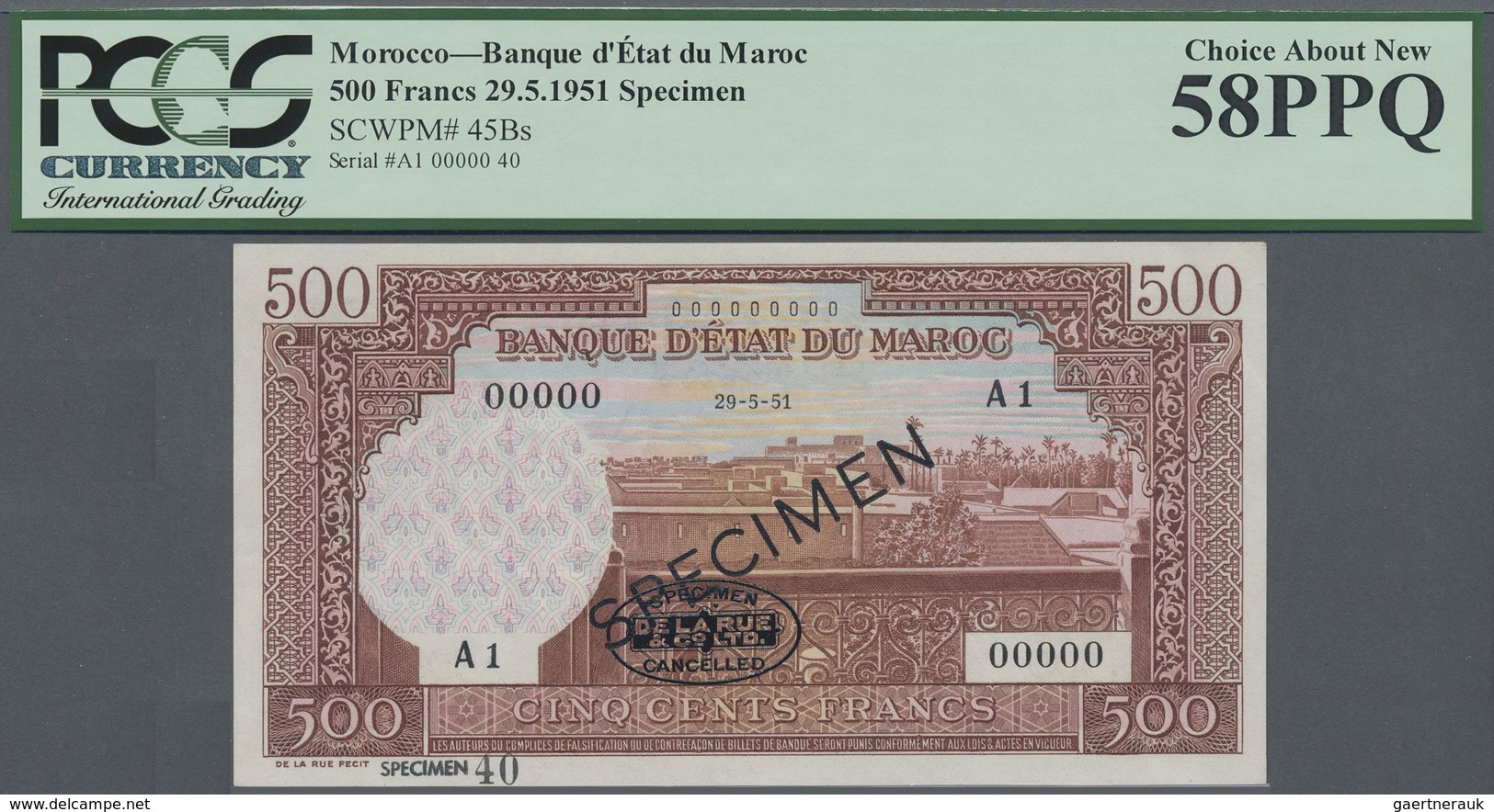 Morocco / Marokko: 500 Francs 1951 Specimen, Unissued Type, P. 45Bs, PCGS Graded 58PPQ Choice About - Marocco