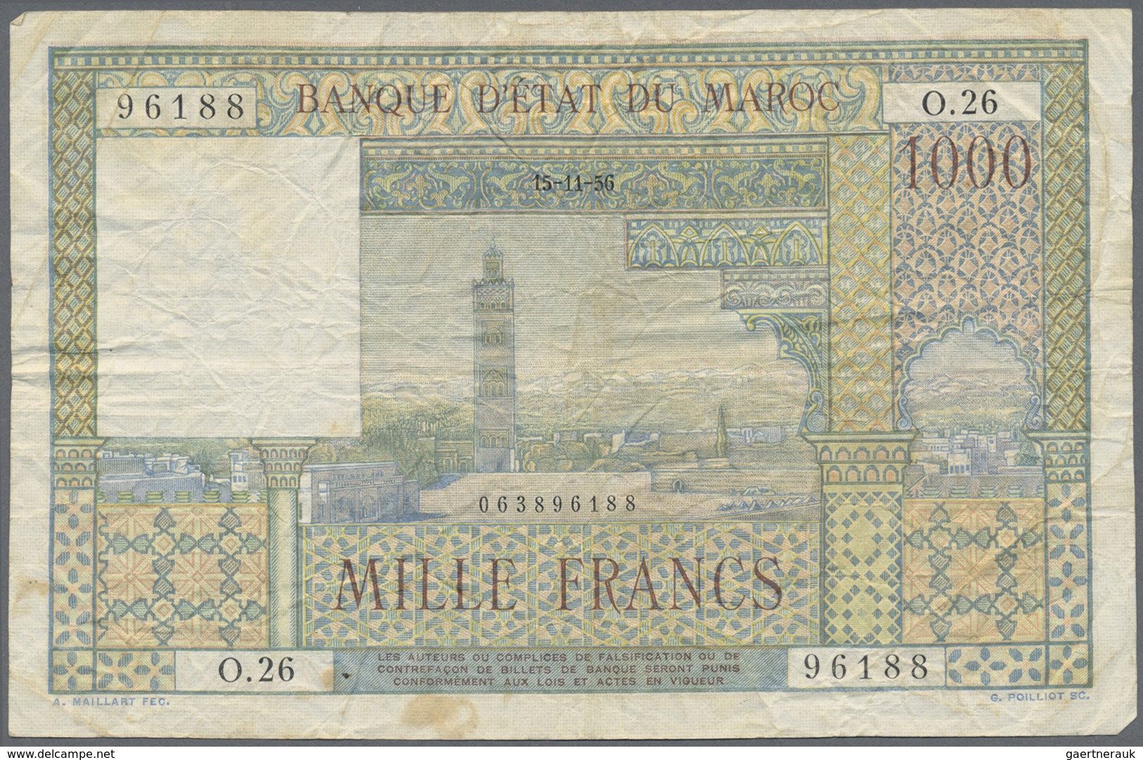 Morocco / Marokko: Set Of 10 Notes 1000 Francs 1952/1956 P. 47, All In Used Condition With Folds, Cr - Marocco