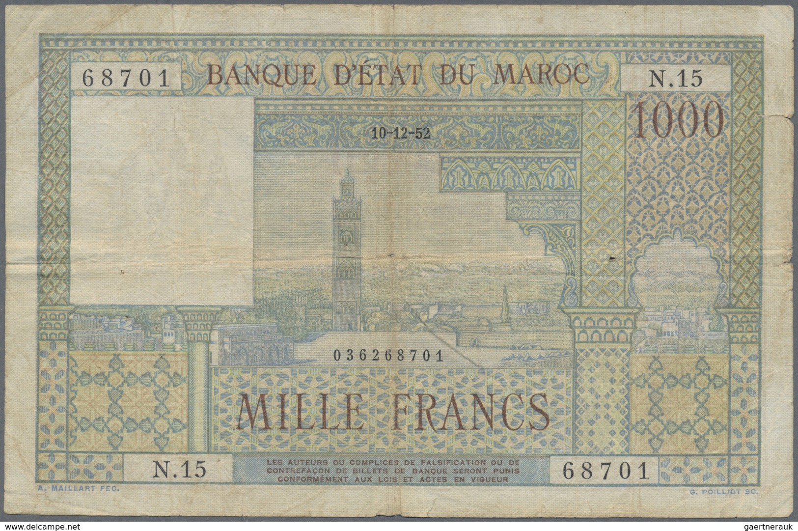 Morocco / Marokko: Set Of 10 Notes 1000 Francs 1952/1956 P. 47, All In Used Condition With Folds, Cr - Marocco