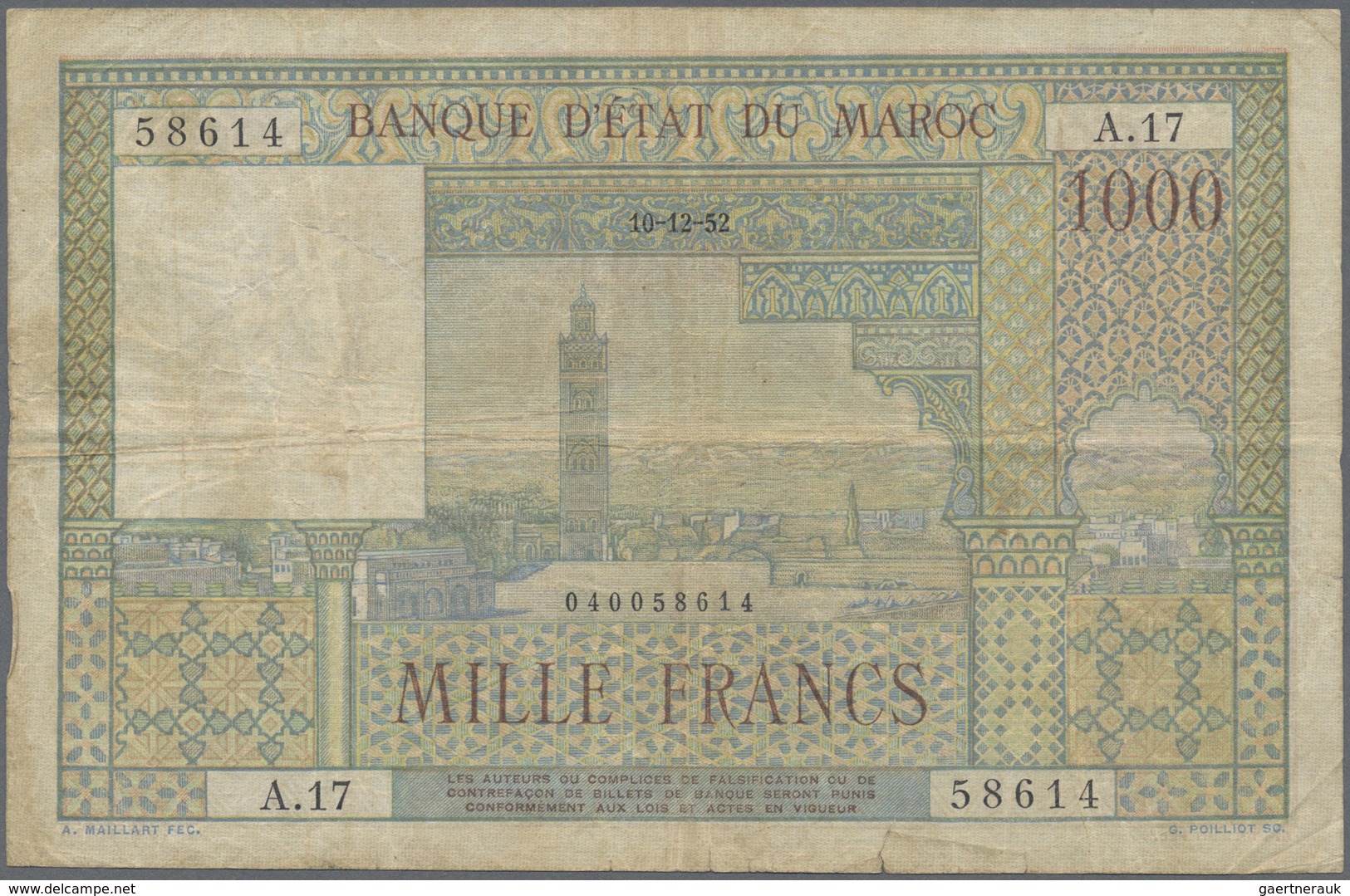Morocco / Marokko: Set Of 10 Notes 1000 Francs 1952/1956 P. 47, All In Used Condition With Folds, Cr - Marocco