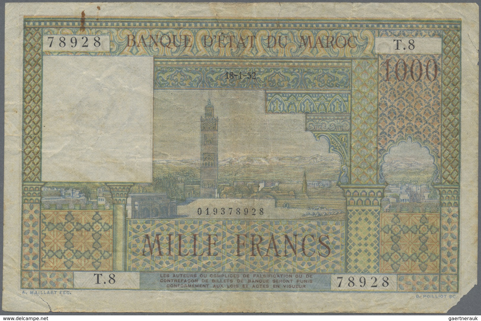 Morocco / Marokko: set of 10 notes 1000 Francs 1952/1956 P. 47, all in used condition with folds, cr