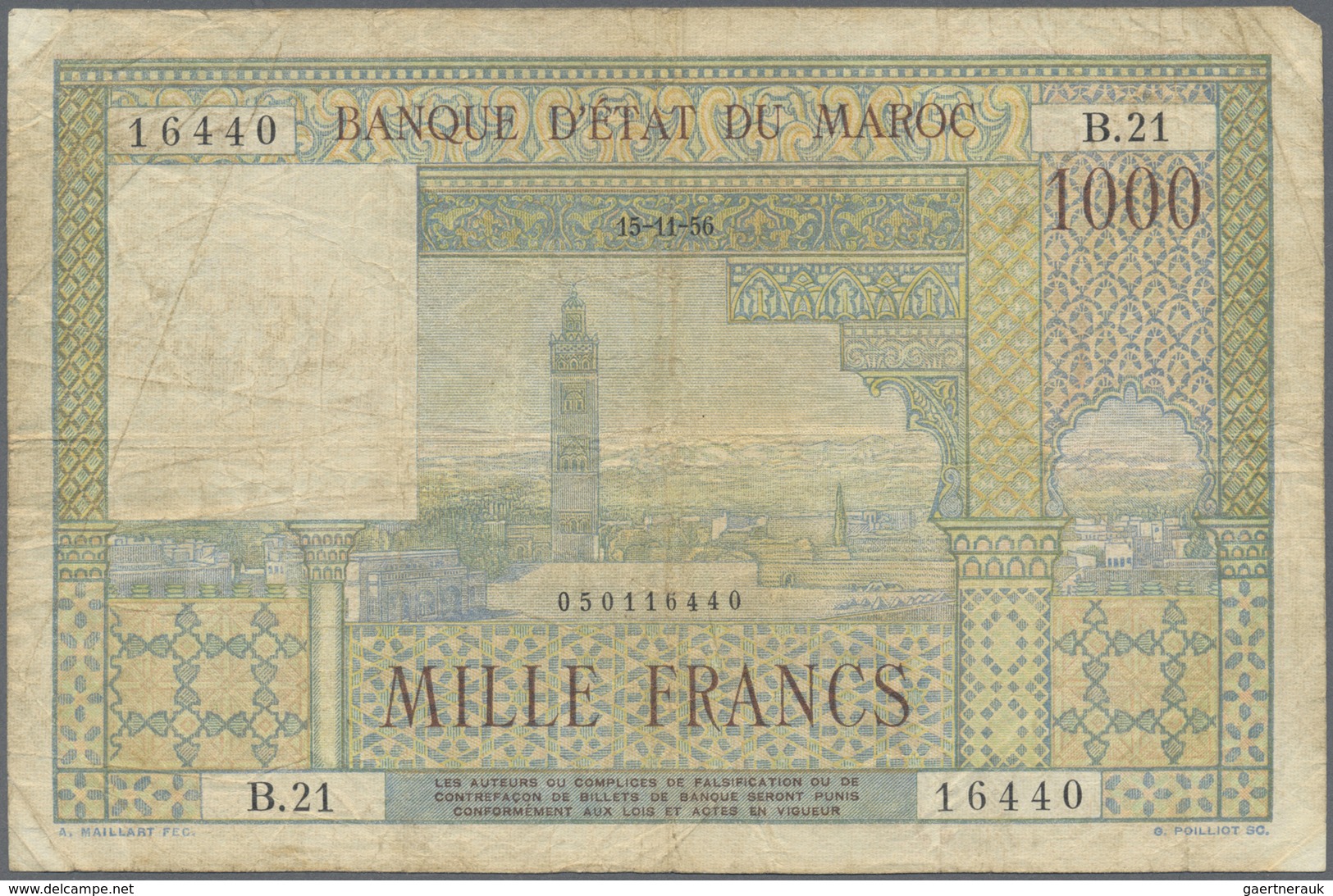 Morocco / Marokko: set of 10 notes 1000 Francs 1952/1956 P. 47, all in used condition with folds, cr