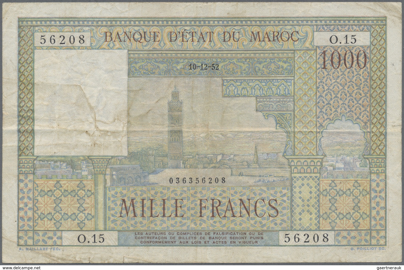 Morocco / Marokko: set of 10 notes 1000 Francs 1952/1956 P. 47, all in used condition with folds, cr