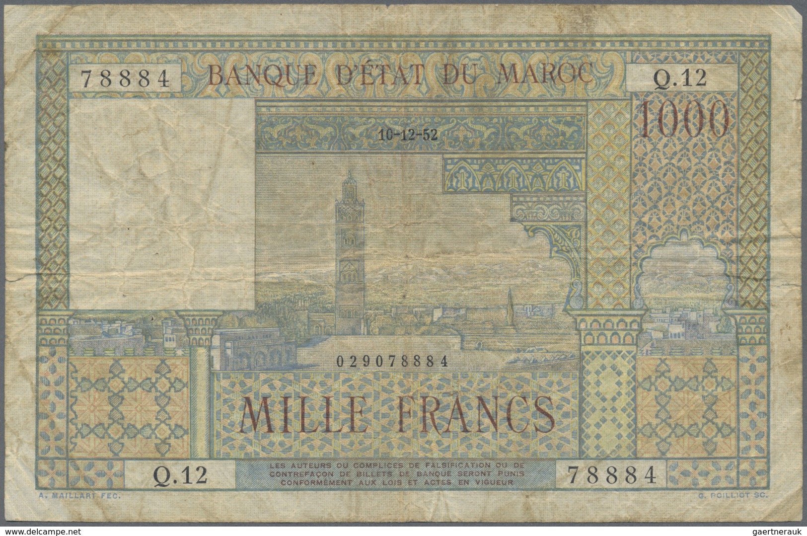 Morocco / Marokko: set of 10 notes 1000 Francs 1952/1956 P. 47, all in used condition with folds, cr