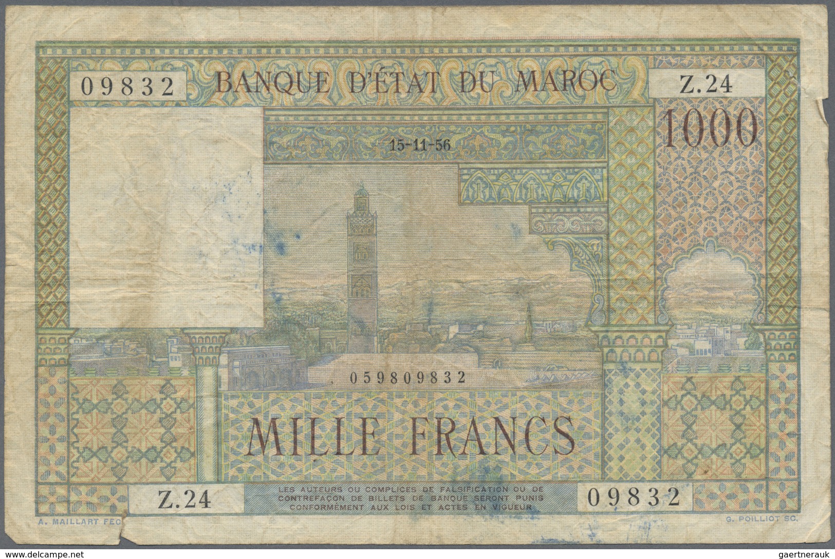 Morocco / Marokko: set of 10 notes 1000 Francs 1952/1956 P. 47, all in used condition with folds, cr