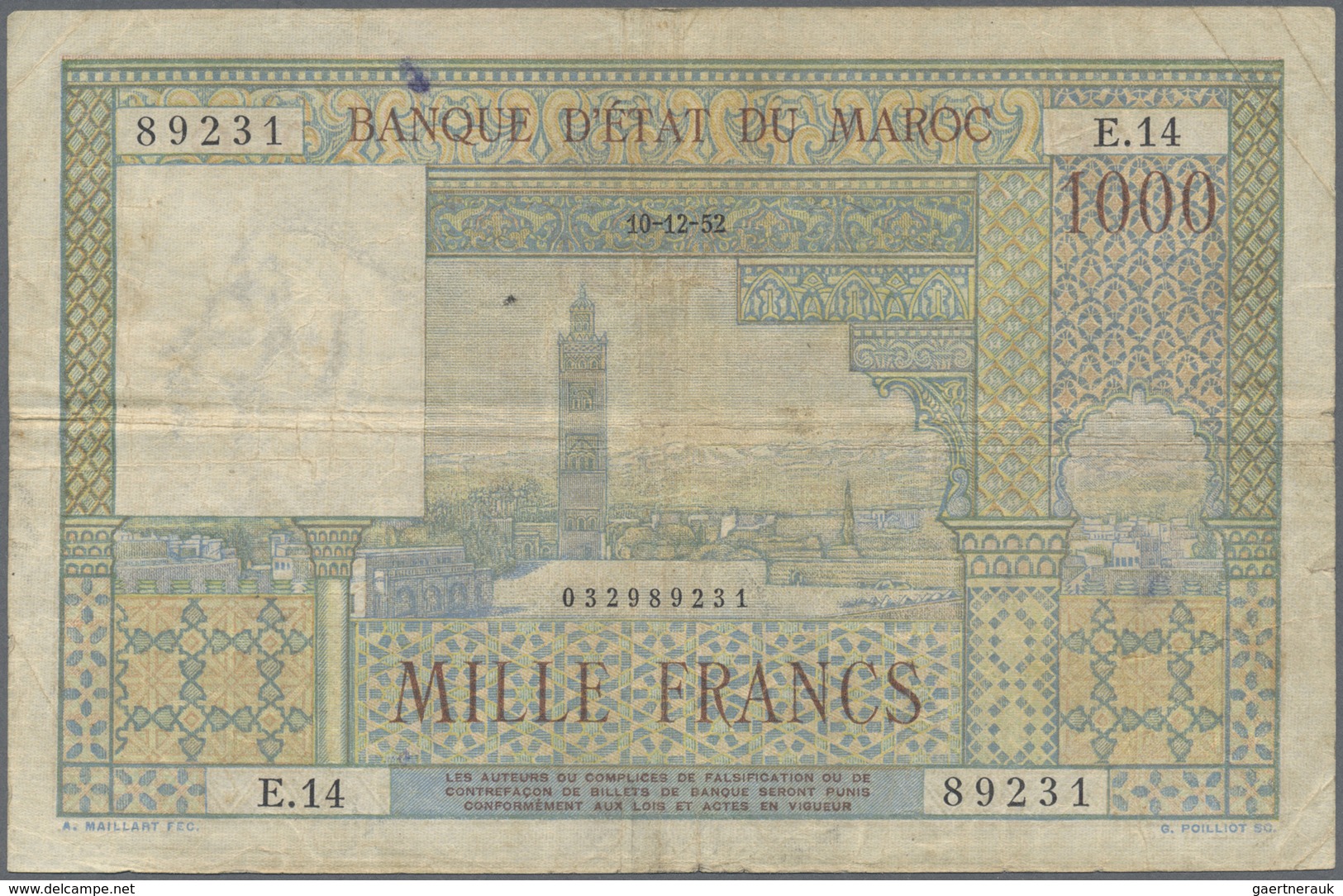 Morocco / Marokko: set of 10 notes 1000 Francs 1952/1956 P. 47, all in used condition with folds, cr