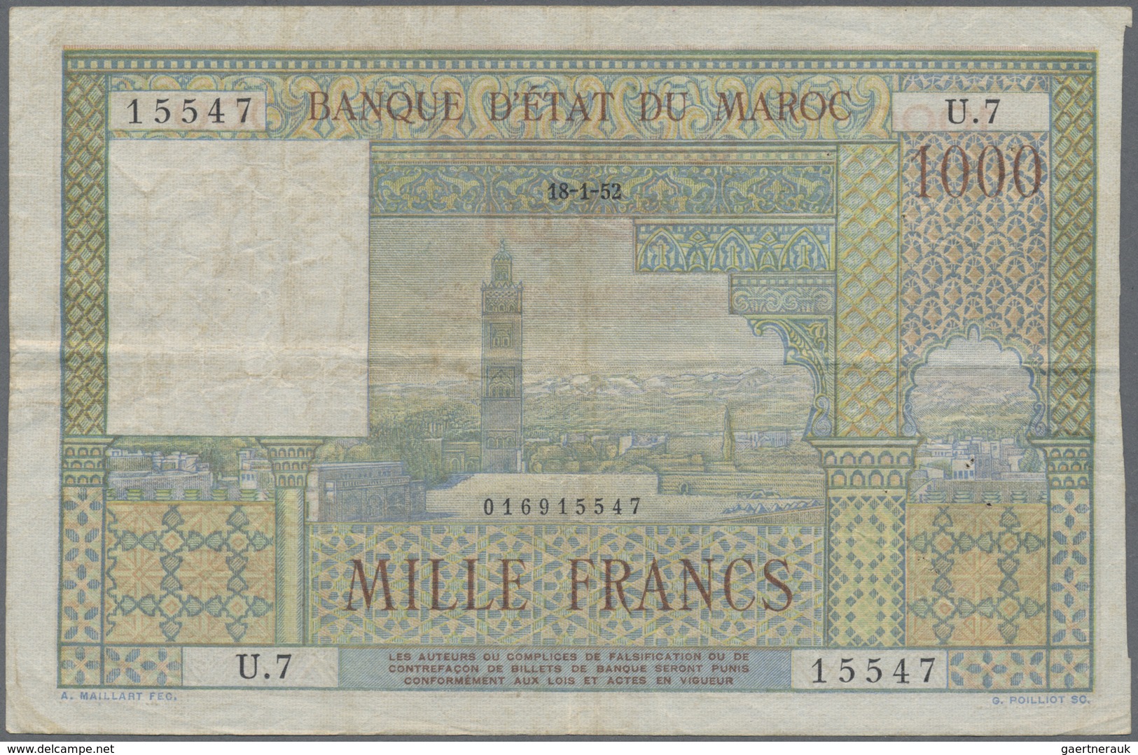 Morocco / Marokko: set of 10 notes 1000 Francs 1952/1956 P. 47, all in used condition with folds, cr