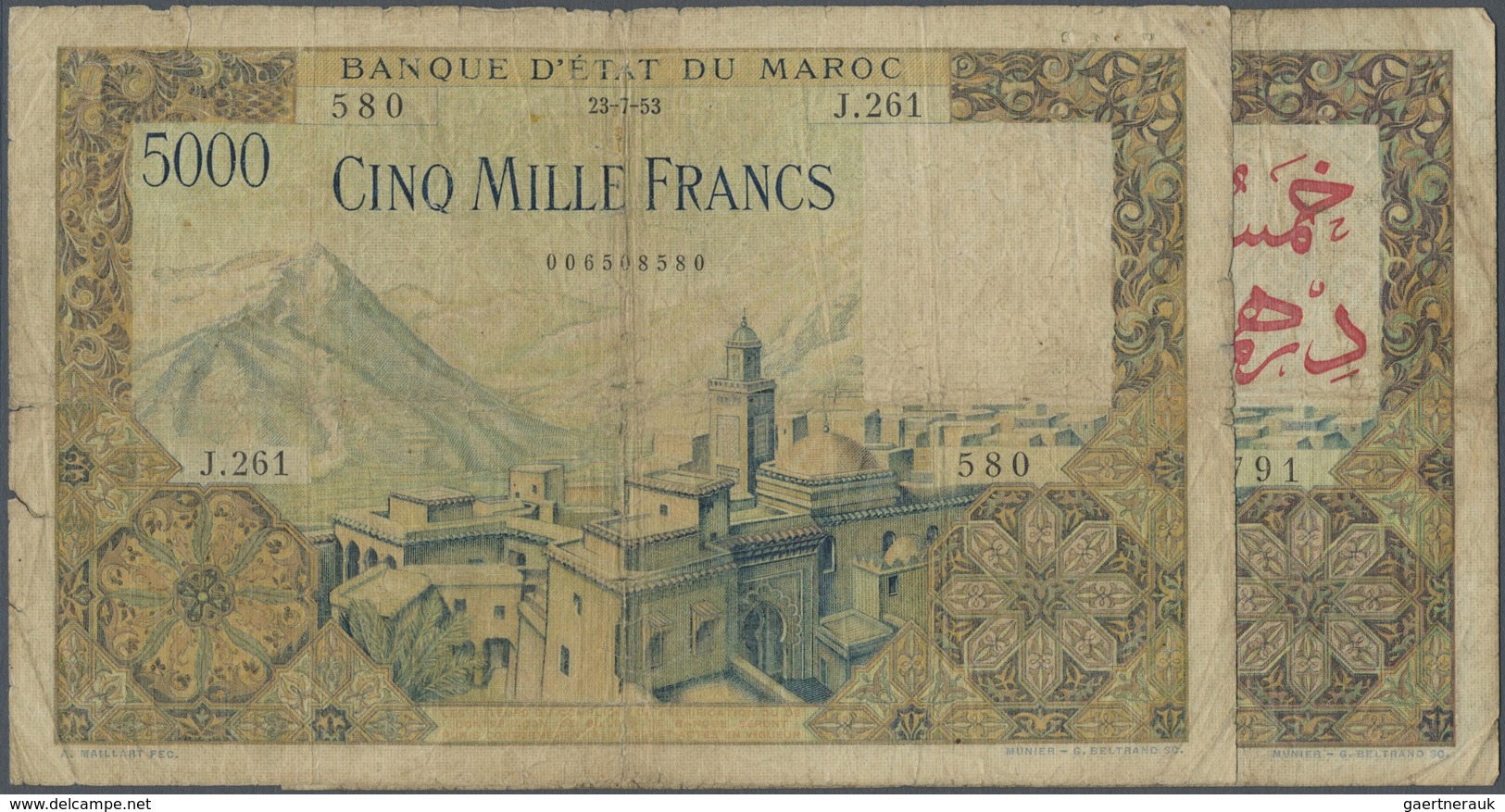 Morocco / Marokko: Set Of 2 Different Notes 5000 Francs, One From 1953 Without Red Overprint In Wate - Marocco