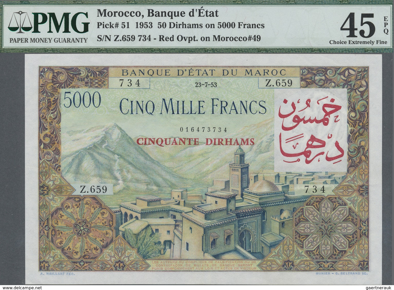 Morocco / Marokko: Banque D'État Du Maroc 50 Dirhams On 5000 Francs 1953, P.51, Soft Vertical And Di - Morocco