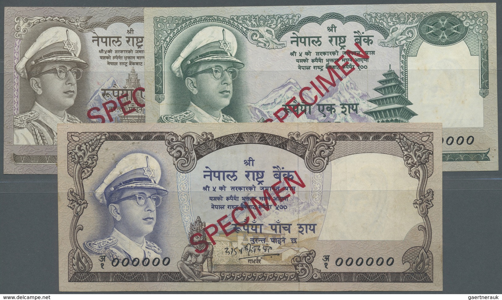 Nepal: Set Of 3 Specimen Notes Containing 1, 100 And 500 Rupees ND(1972) P. 16s,19s,20s, In AUNC, XF - Népal