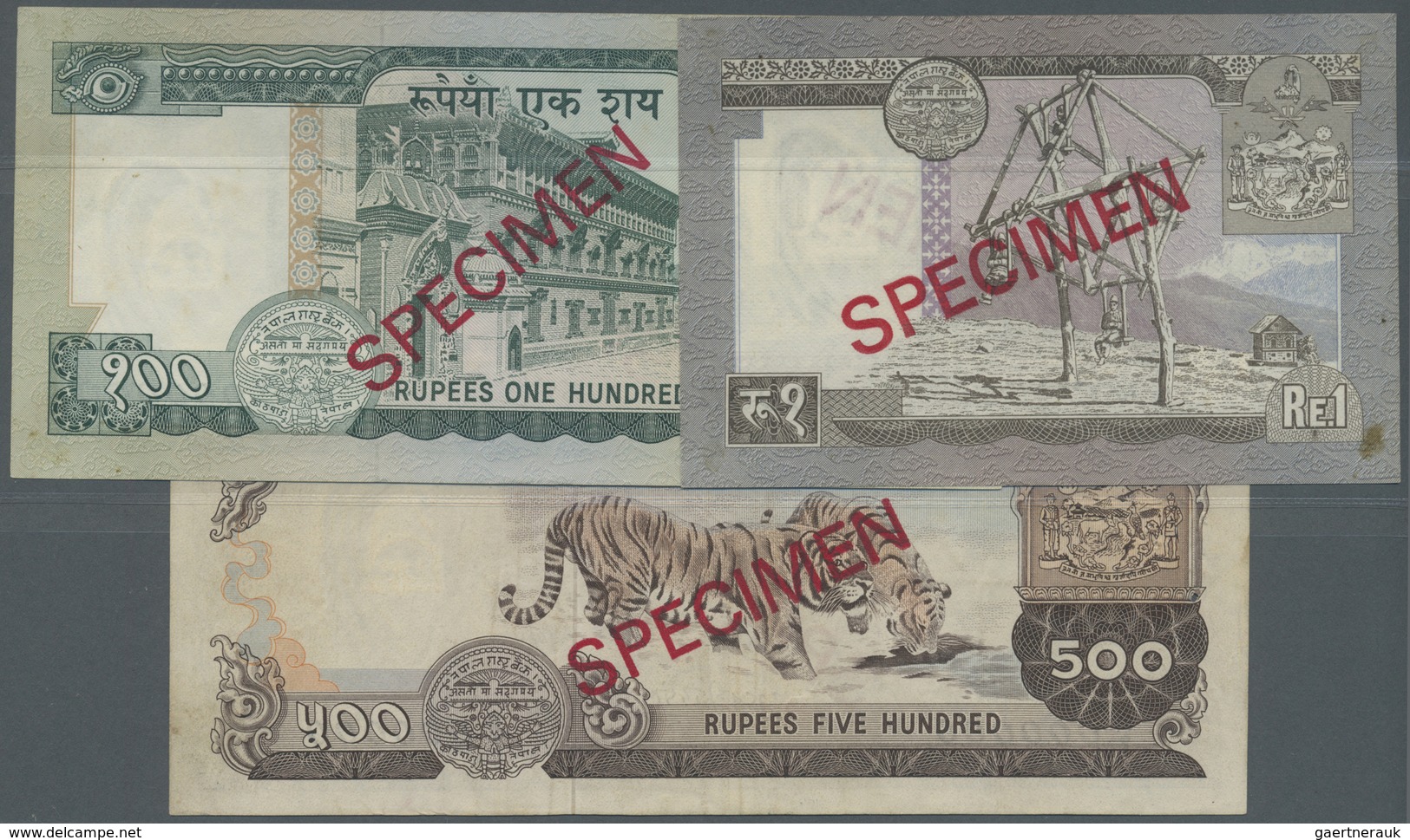 Nepal: Set Of 3 Specimen Notes Containing 1, 100 And 500 Rupees ND(1972) P. 16s,19s,20s, In AUNC, XF - Népal