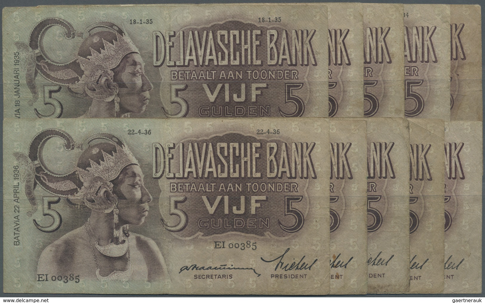 Netherlands Indies / Niederländisch Indien: Set Of 10 Notes 5 Gulden 1934-1936 P. 78, All In Similar - Indes Néerlandaises