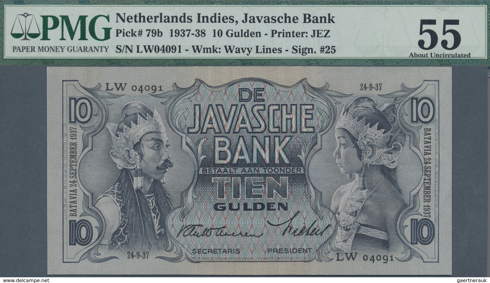 Netherlands Indies / Niederländisch Indien: 10 Gulden 1937 P. 79b, PMG Graded 55 About Uncirculated. - Dutch East Indies