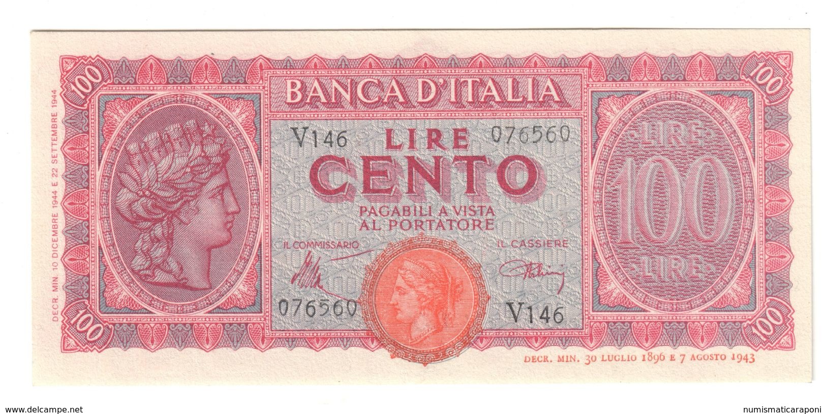 100 LIRE ITALIA TURRITA 10 12 1944 Q.FDS  LOTTO 892 - 100 Lire