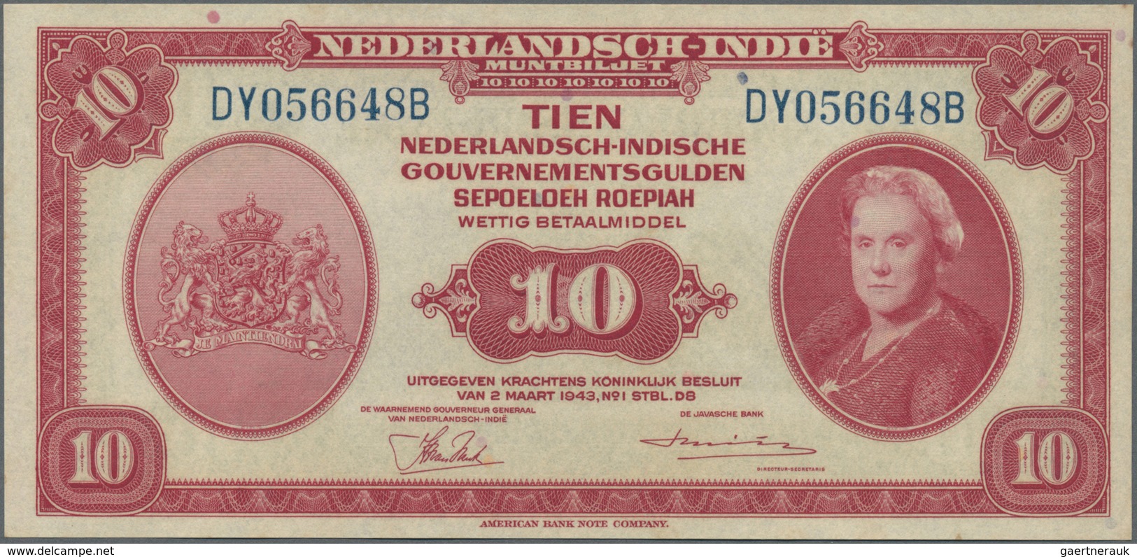 Netherlands Indies / Niederländisch Indien: 10 Gulden L.1943, P.114, Lightly Toned Paper And A Few T - Dutch East Indies