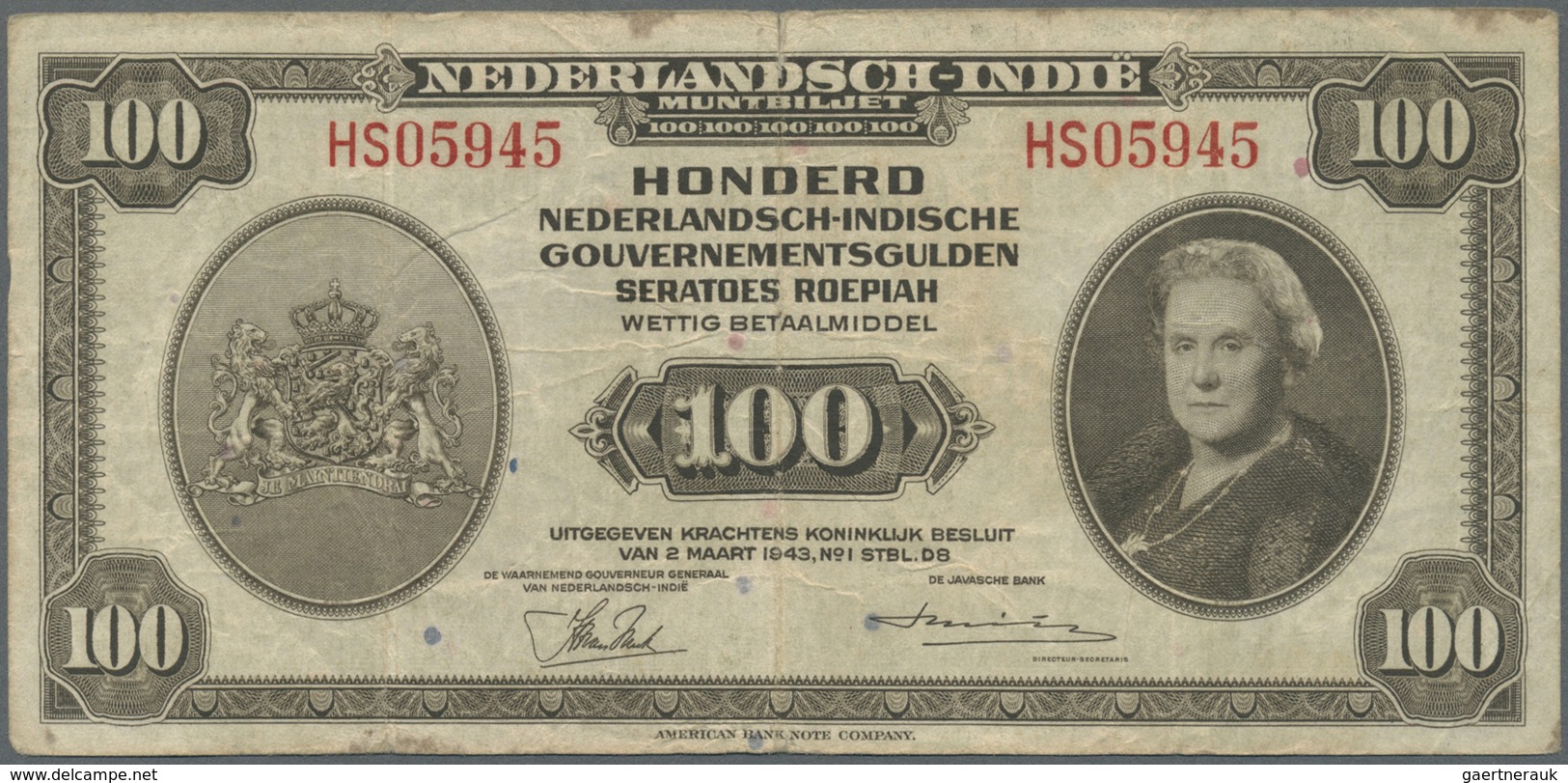 Netherlands Indies / Niederländisch Indien: Set Of 2 Notes Containing 25 And 100 Gulden 1943 P. 115, - Dutch East Indies