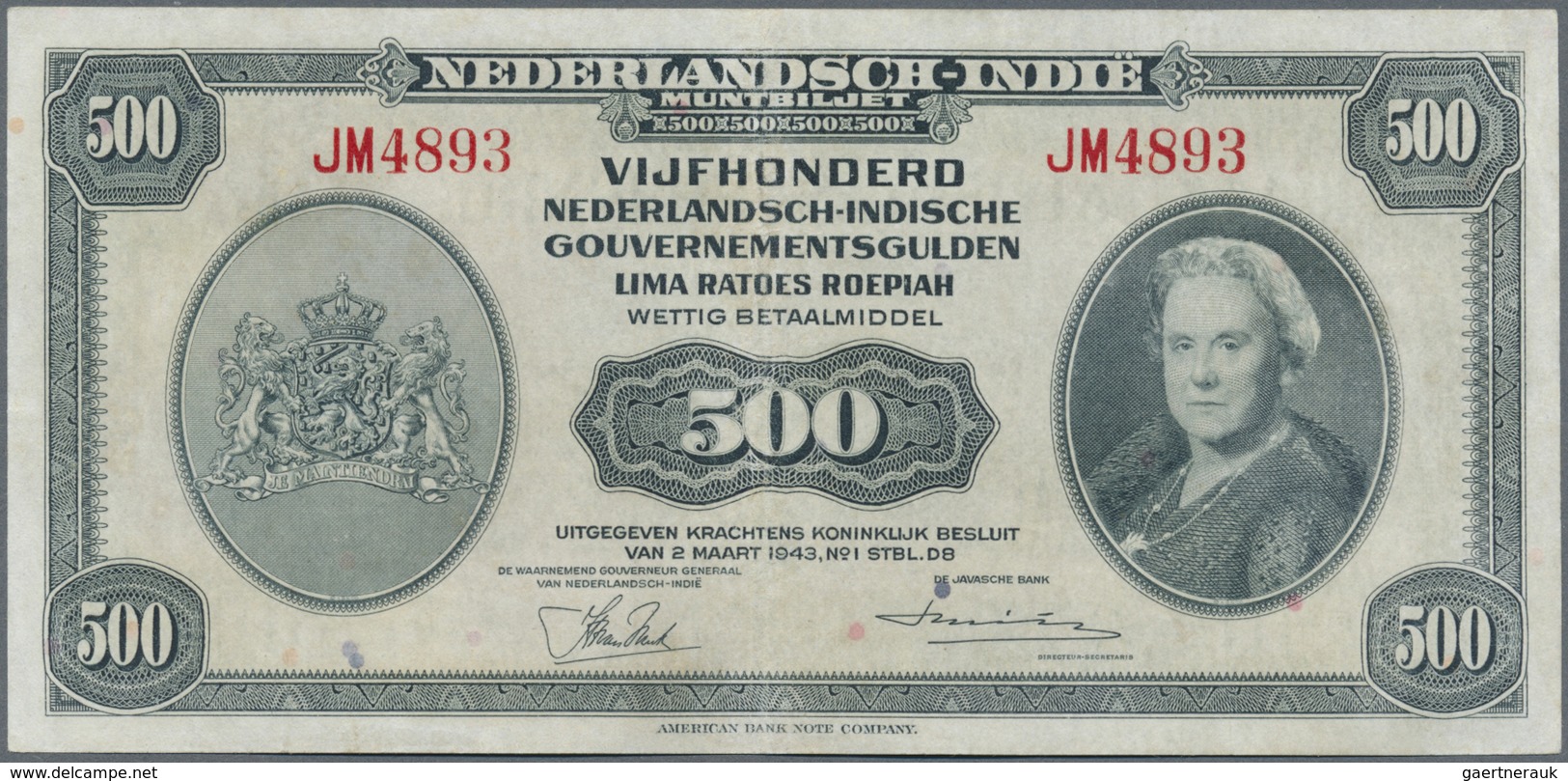 Netherlands Indies / Niederländisch Indien: 500 Gulden 1943 P. 118, Rare Note, No Strong Folds, Pres - Dutch East Indies