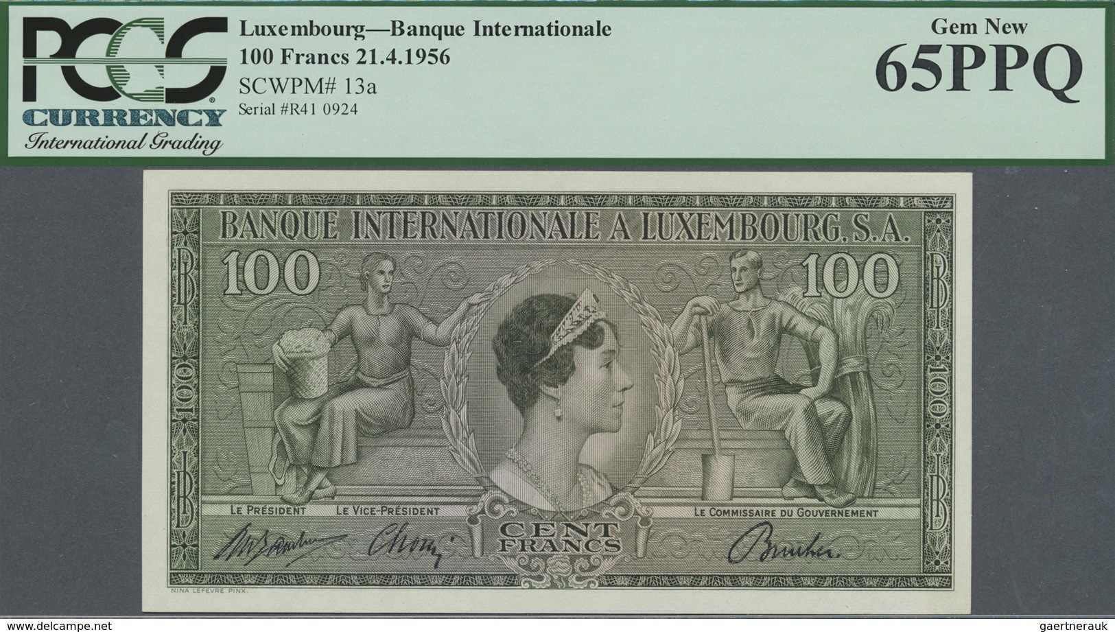 Luxembourg: 100 Francs April 21st 1956, P.13a In Perfect Condition, PCGS Graded 65 Gem New PPQ - Luxembourg