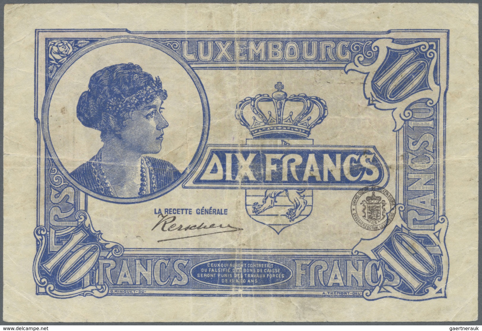 Luxembourg: 10 Francs ND P. 34, Stronger Center And Horizontal Fold, Tiny Center Hole, No Tears, Pro - Lussemburgo