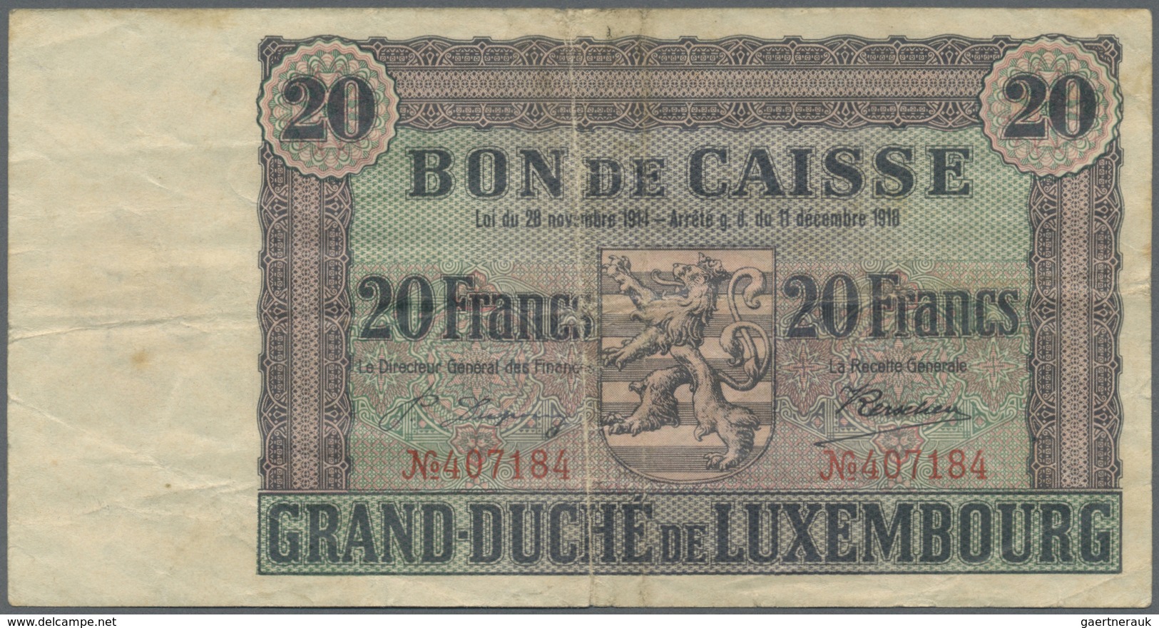 Luxembourg: 20 Francs L.1918 P. 35, Rare Issue In Nice Condition For This Type, No Holes Or Tears, J - Luxembourg