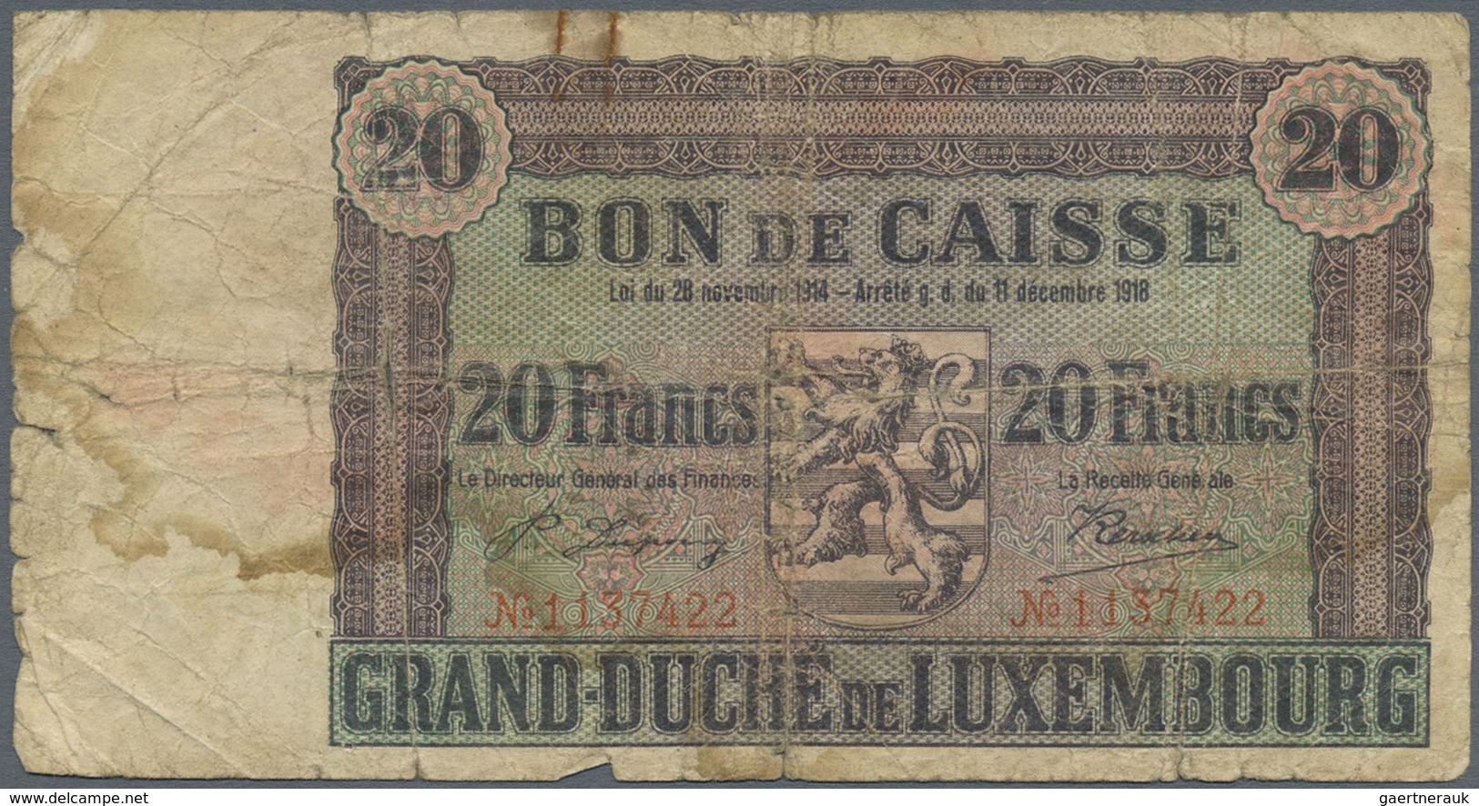 Luxembourg: 20 Francs L.28.11.1914 & 08.09.1918 (1926), P.35, Rare Banknote In Almost Well Worn Cond - Luxembourg