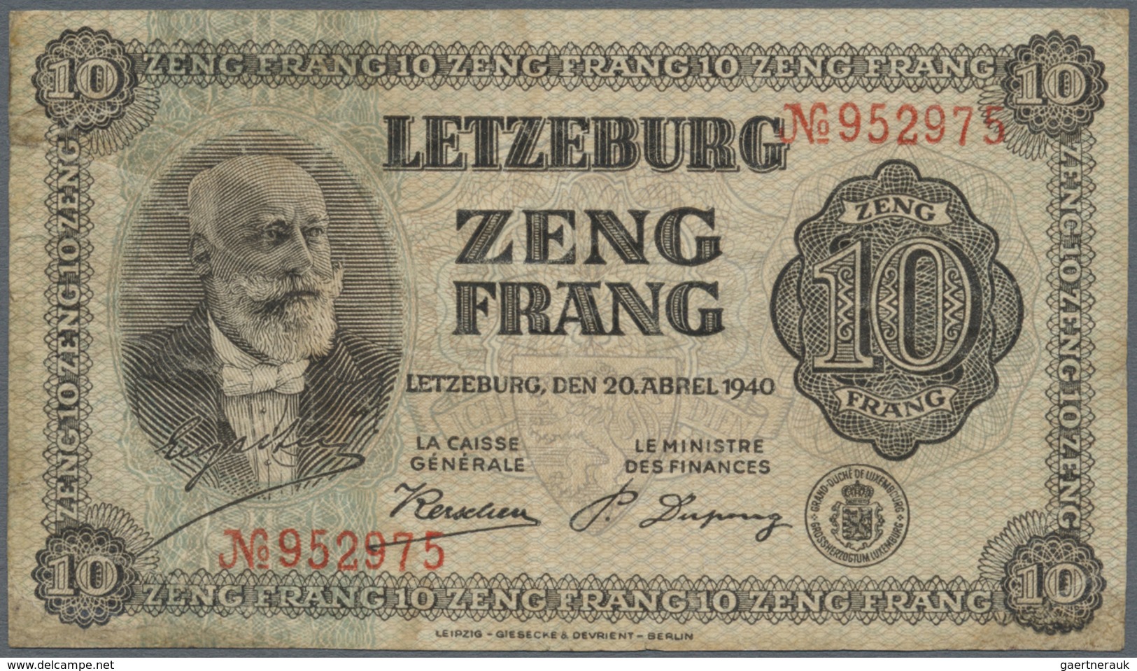 Luxembourg: 10 Frang 1940 P. 41, Rare Note, Several Creases In Paper, Center Fold, Repaired Tear At - Luxembourg