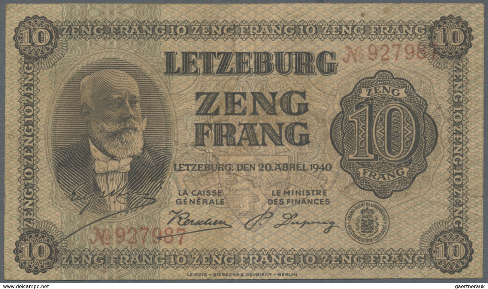 Luxembourg: 10 Francs 1940 P. 41, Center Fold, Some Creases In Paper, 5mm Tear At Right Border, No H - Luxembourg