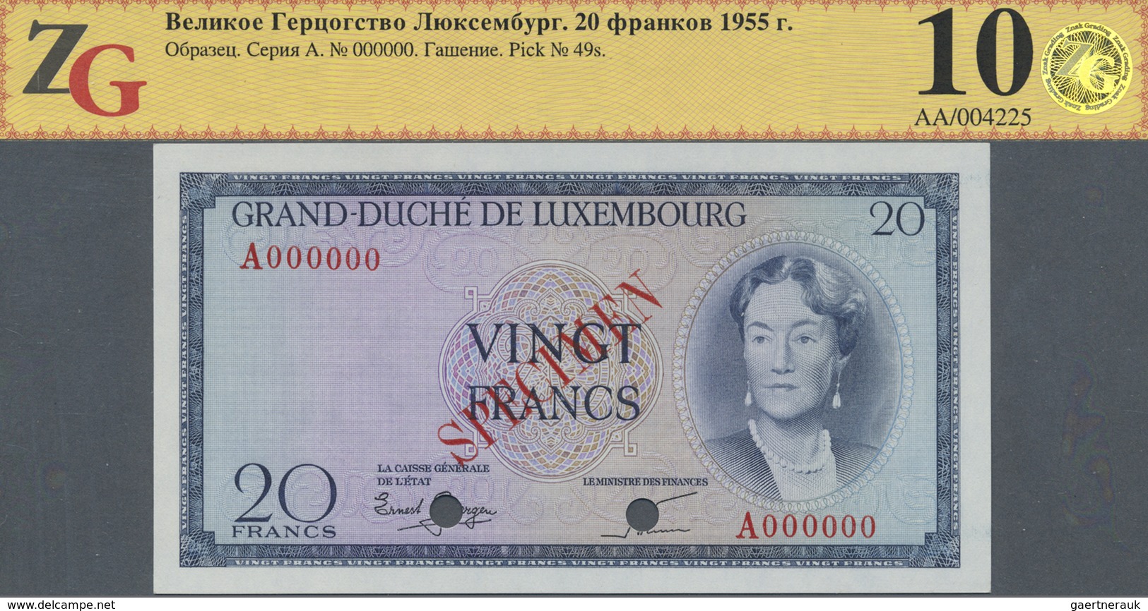 Luxembourg: 20 Francs 1955 Specimen P. 49s, ZG Graded 63 ChUNC. - Luxembourg