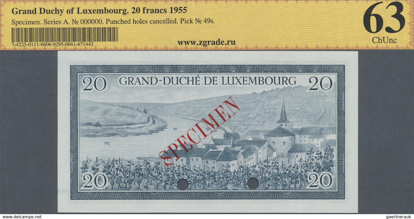 Luxembourg: 20 Francs 1955 Specimen P. 49s, ZG Graded 63 ChUNC. - Luxembourg