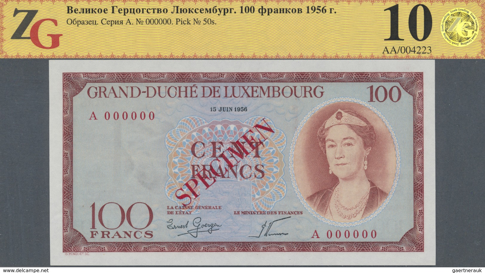 Luxembourg: 100 Francs 1956 Specimen P. 50s, ZG Graded 66 UNC. - Luxembourg