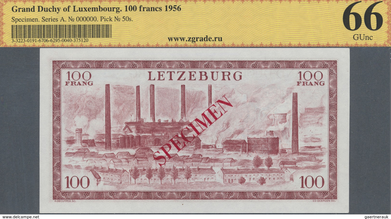 Luxembourg: 100 Francs 1956 Specimen P. 50s, ZG Graded 66 UNC. - Luxembourg